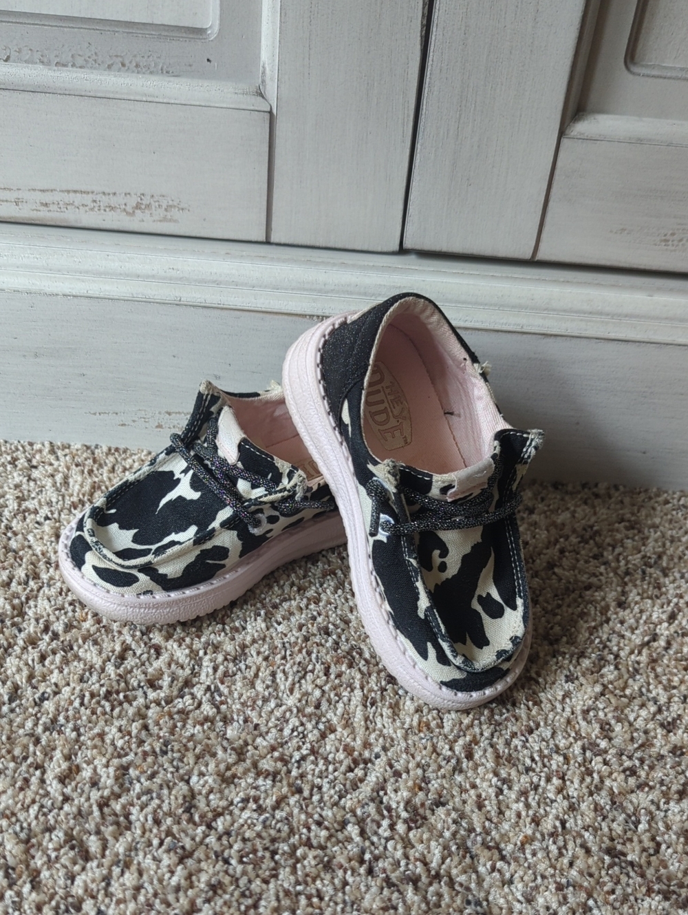 Kids Cow Print Canvas Slip-On Shoes with Pink Sole